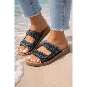 Forever Link Women's Black Rhinestones Double Buckle Strap Platform Sandals 7.5